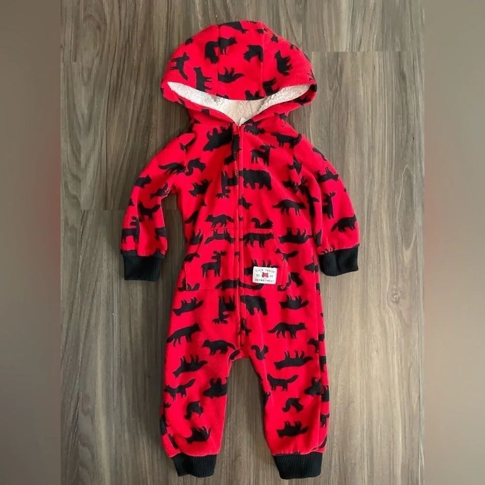 Carters baby Red and Black animal pattern fleece onesie with hoodie size 9M